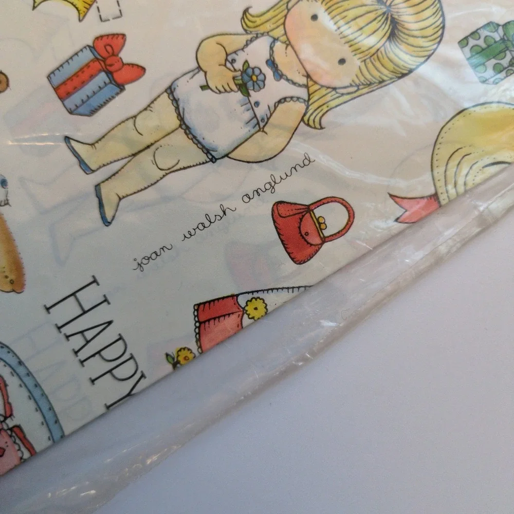 Vintage 70s Hallmark Joan Walsh Anglund Paper Dolls Birthday Wrapping Paper Pink